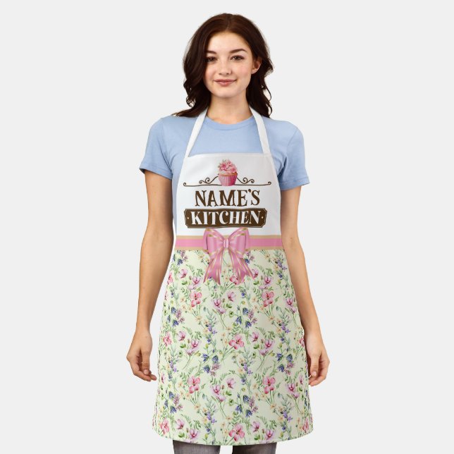 Custom Name's kitchen and watercolor Pink cupcake Apron (Worn)