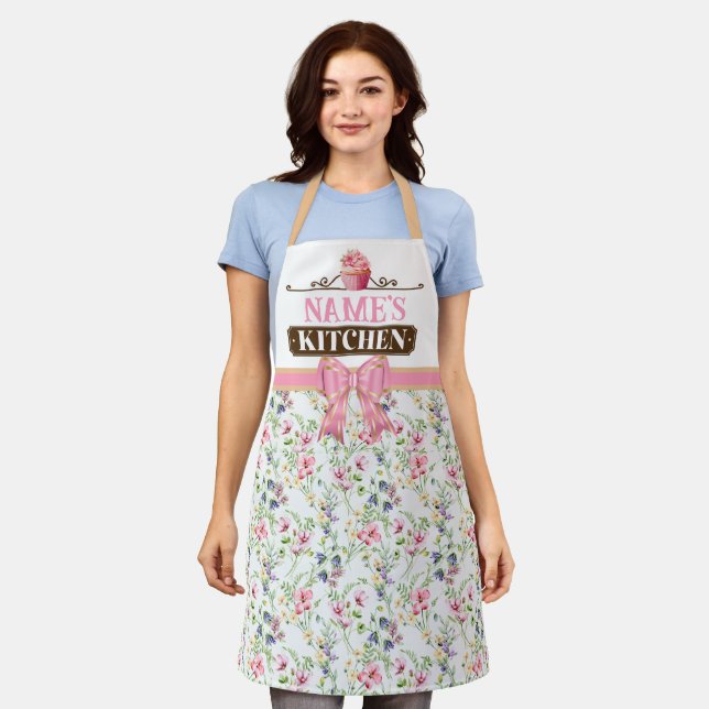 Custom Name's kitchen and watercolor Pink cupcake Apron (Worn)