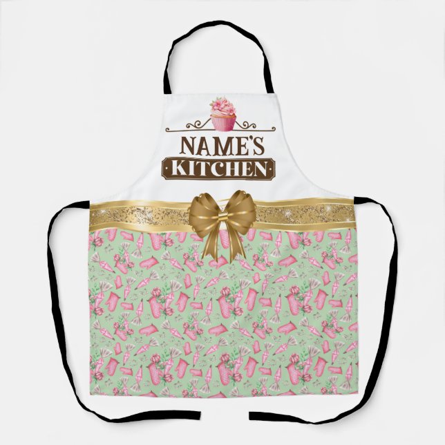 Custom Name's kitchen and watercolor Pink cupcake Apron (Front)