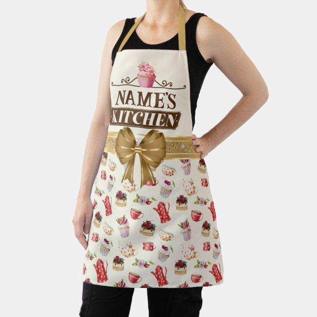 Custom Name's kitchen and watercolor Pink cupcake Apron (Insitu)