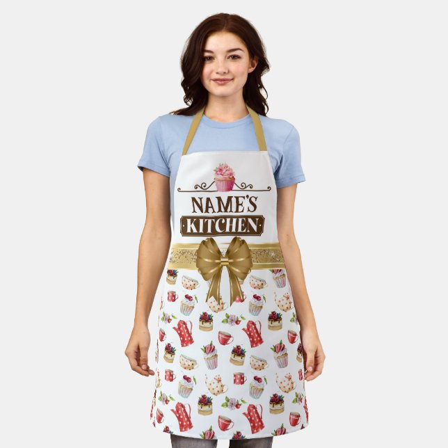 Custom Name's kitchen and watercolor Pink cupcake Apron (Worn)