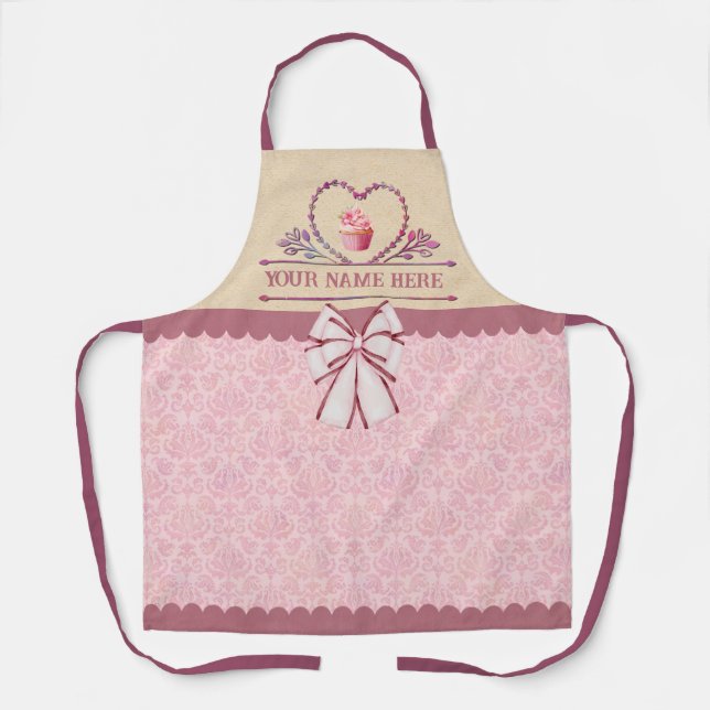 Custom Name's Kitchen Pink Cupcake and Elegant Bow Apron (Front)