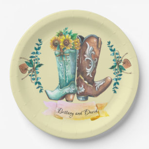Custom names Newlyweds Rustic Cowboy Boots  Paper Plate