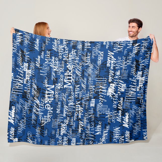 Custom Names Printed-All-Over Dark-Blue Fleece Blanket (In Situ)