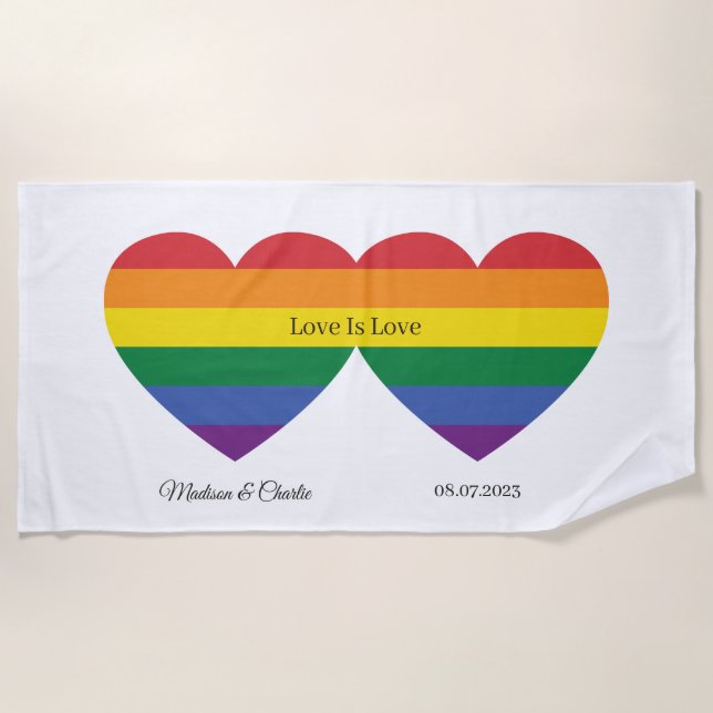 Custom Names Rainbow Heart Beach Towel (Front)