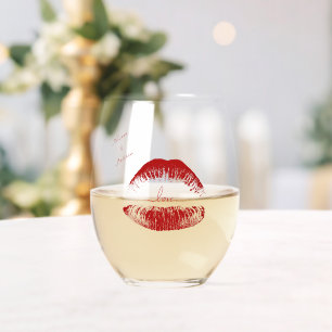 Custom Names Red Lips Script Love Stemless Wine Glass