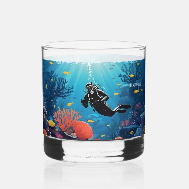 Custom Names Scuba Diver Whiskey Glass (Front)