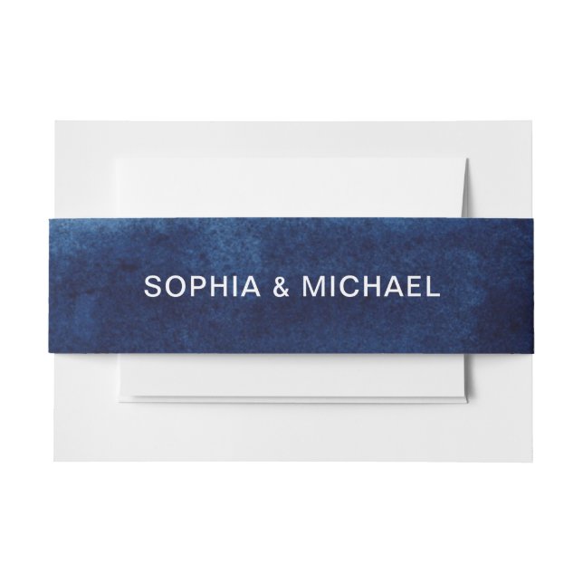 Custom Names Watercolor Navy Blue Invitation Belly Band (Front Example)