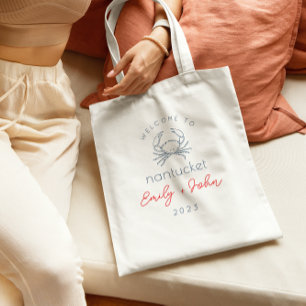 custom Nantucket wedding welcome crab tote bag