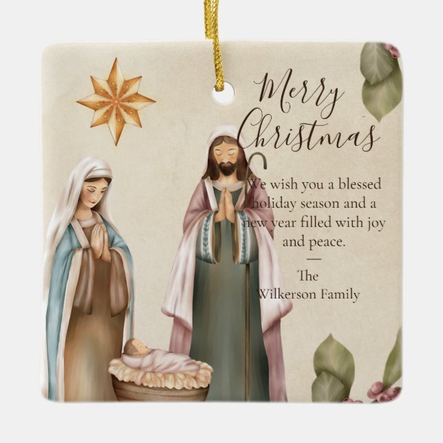 Custom Nativity Scene Religious Christmas Quote Ceramic Ornament (Front)
