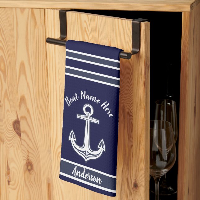 Custom Nautical Anchor  Bathroom Dark Navy Blue Tea Towel (Thirds Fold)