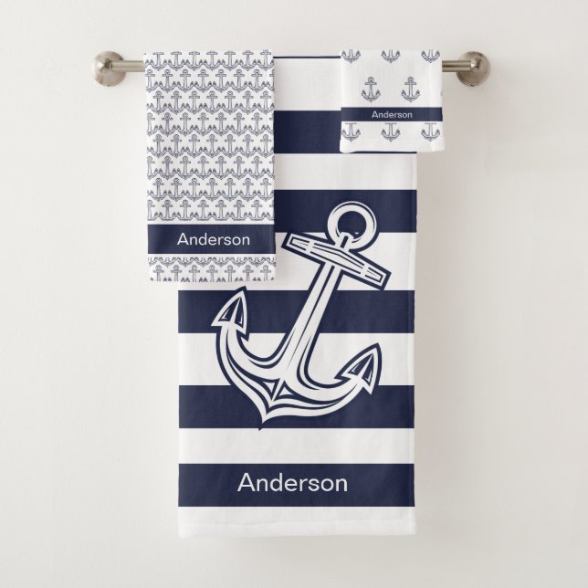 Custom Nautical Anchor Bathroom Navy Blue  stripes Bath Towel Set (Insitu)