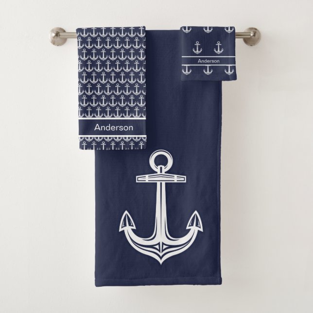 Custom Nautical Anchor  Bathroom Ocean Navy Blue Bath Towel Set (Insitu)