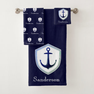 Custom Nautical Anchor  Bathroom Ocean Navy Blue  Bath Towel Set