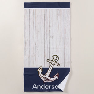 Custom Nautical Anchor Bathroom Ocean Navy Blue Beach Towel