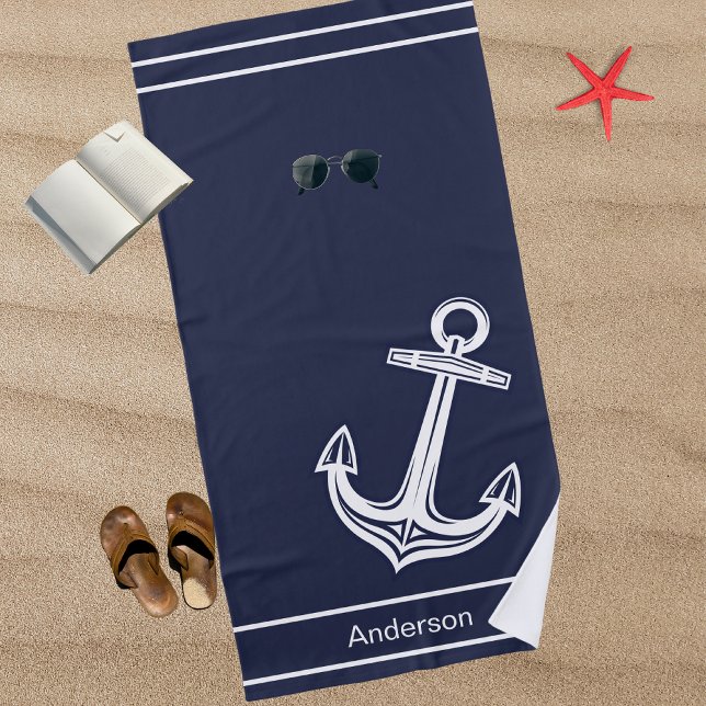 Custom Nautical Anchor  Bathroom Ocean Navy Blue  Beach Towel (Creator Uploaded)