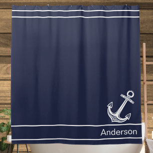 Custom Nautical Anchor  Bathroom Ocean Navy Blue   Shower Curtain