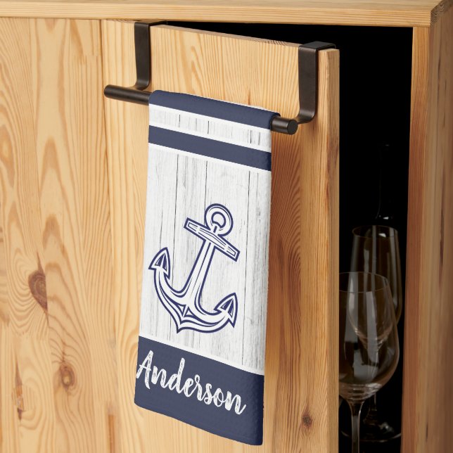 Custom Nautical Anchor  Bathroom Ocean Navy Blue  Tea Towel (Thirds Fold)