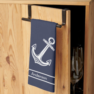 Custom Nautical Anchor Bathroom Ocean Navy Blue Tea Towel