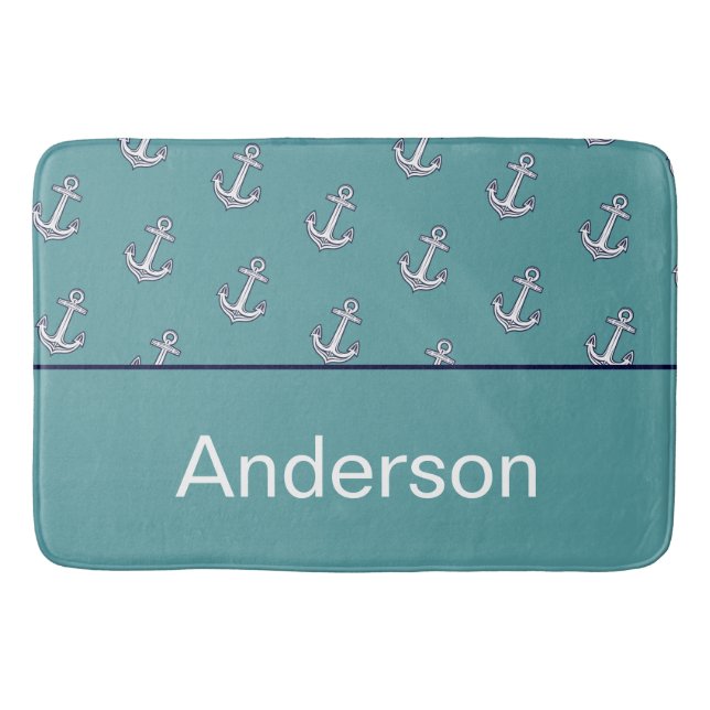 Custom Nautical Anchor Bathroom Teal Navy Blue Bath Mat (Front)