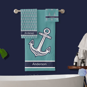 Custom Nautical Anchor Bathroom Teal Navy Blue Bath Towel Set