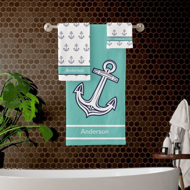 Custom Nautical Anchor  Bathroom Teal White Blue  Bath Towel Set (Creator Uploaded)