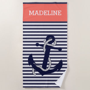 Custom Nautical Anchor Blue Coral Orange Stripes Beach Towel