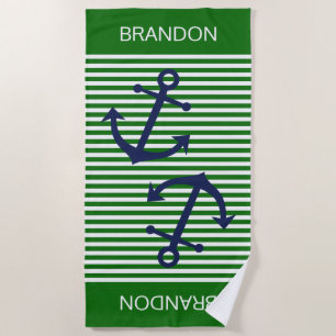 Custom Nautical Anchor Bright Green White Stripes Beach Towel