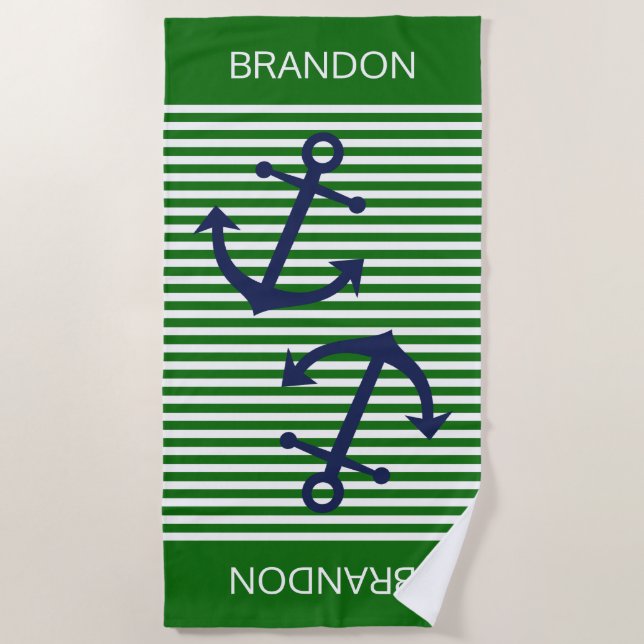 Custom Nautical Anchor Bright Green White Stripes Beach Towel (Front)