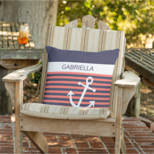 Custom Nautical Anchor Coral Orange Stripe Pattern Cushion