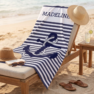 Custom Nautical Anchor Dark Blue White Stripes Beach Towel