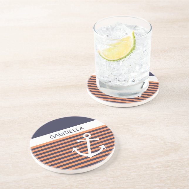Custom Nautical Anchor Light Orange Stripe Pattern Coaster (Side)