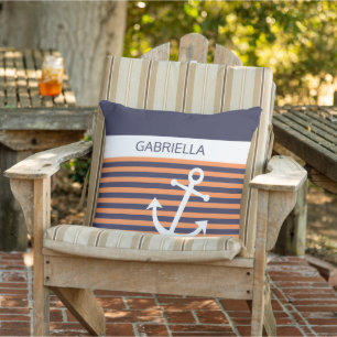 Custom Nautical Anchor Light Orange Stripe Pattern Cushion