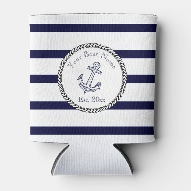 Custom Nautical Anchor Navy Blue stripes  Can Cooler (Front)