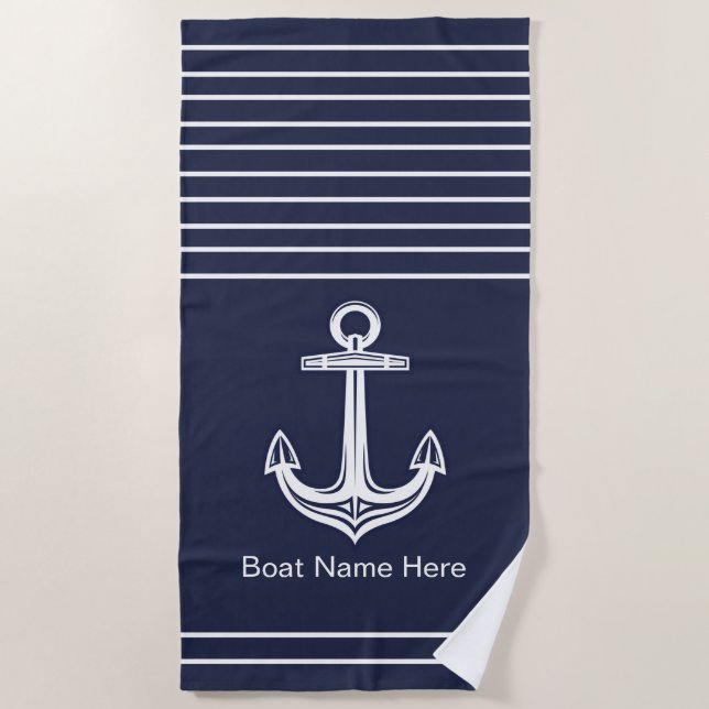 Custom Nautical Anchor Ocean Navy Blue  Beach Towel (Front)