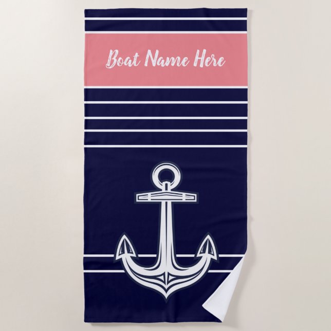 Custom Nautical Anchor Ocean Navy Blue Coral Beach Towel (Front)