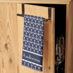 Custom Nautical Anchor Ocean Navy Blue Kitchen To Tea Towel