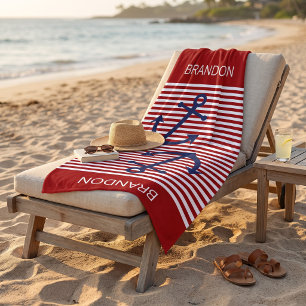 Custom Nautical Anchor Red White Stripes Beach Towel