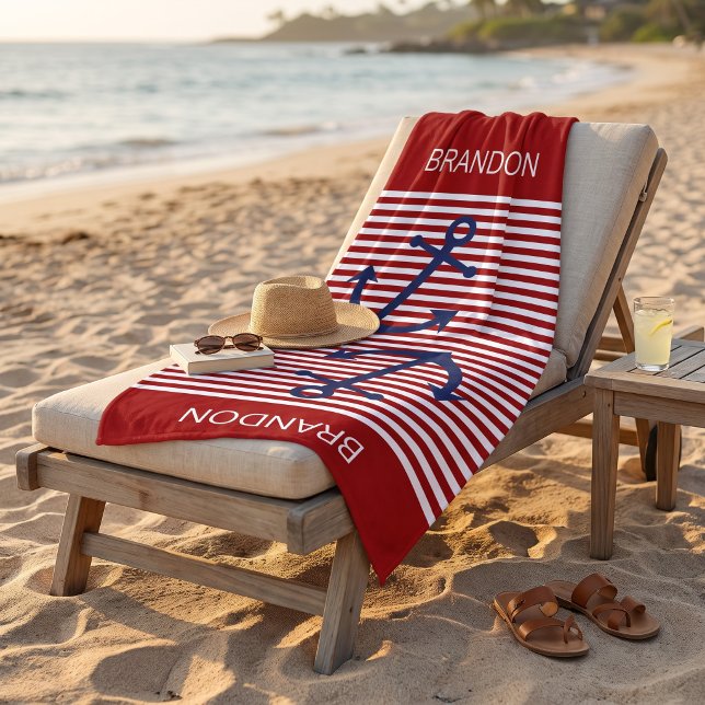 Custom Nautical Anchor Red White Stripes Beach Towel (Creator Uploaded)