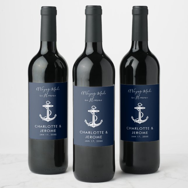 Custom Nautical Anchor Wedding Navy Blue Wine Label (Bottles)
