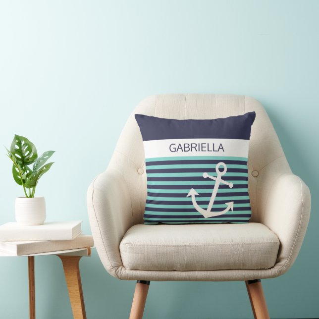 Custom Nautical Aqua Turquoise Blue Stripe Pattern Cushion (Chair)