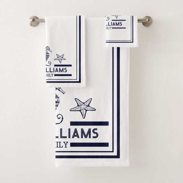 Custom Nautical Bathroom Ocean Navy Blue White Bath Towel Set (Insitu)