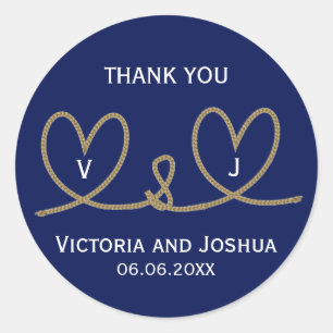 Custom Nautical Blue Hearts Rope Cord Wedding Classic Round Sticker