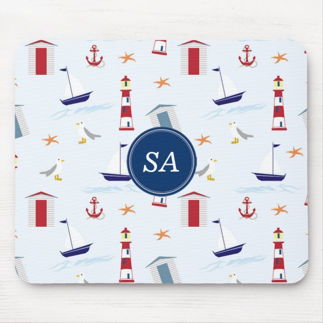 Custom Nautical Blue Red White Summer Mouse Pad (Front)