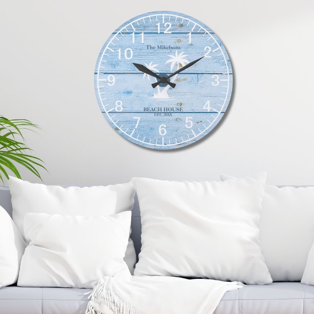 Custom Nautical Blue Wood Beach House Large Clock (Creator Uploaded)