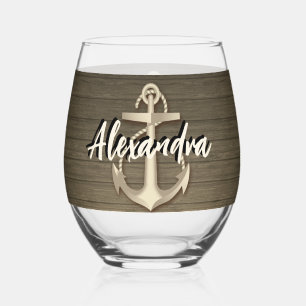 Custom Nautical Boat Anchor Name Wood Stemless Wine Glass