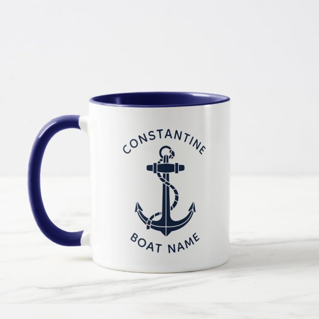 Custom Nautical Boat Captain Navy Blue Anchor Mug (Left)