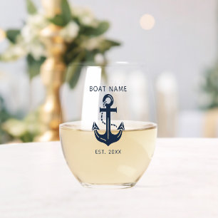 Custom Nautical Boat Name Anchor Stemless Wine Glass