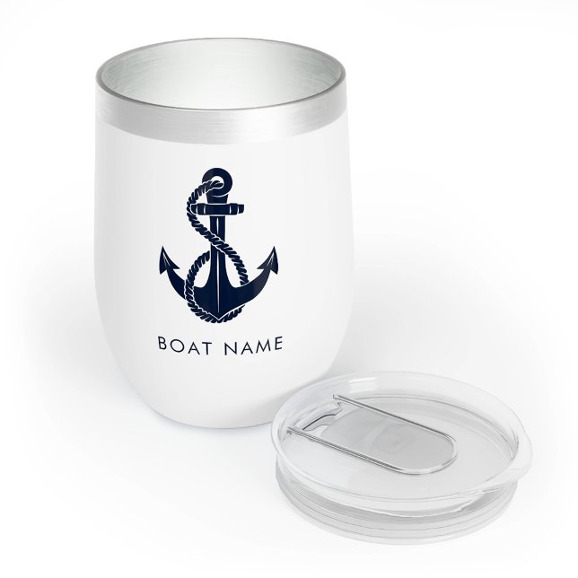 Custom Nautical Boat Name Navy Blue Anchor (Custom Nautical Boat Name Navy Blue Anchor Thermal Wine Tumbler)