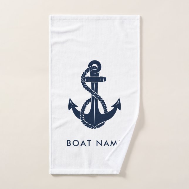 Custom Nautical Boat Name Navy Blue Anchor Hand Towel (Hand Towel)
